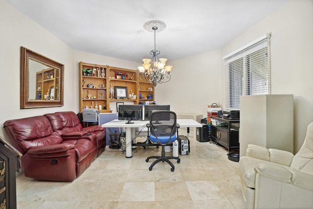 tiled office space featuring a chandelier