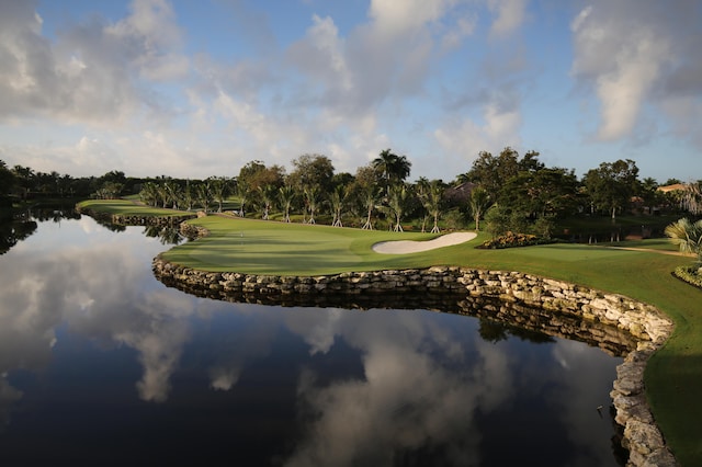 surrounding community with a water view and a yard