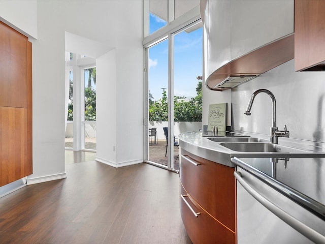 kitchen with dark hardwood / wood-style floors, stainless steel counters, dishwashing machine, and a wealth of natural light