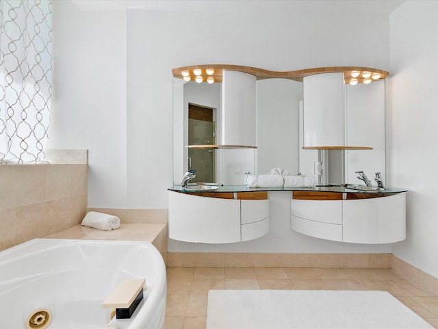 bathroom with double vanity and tile flooring