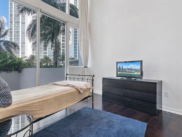 bedroom featuring dark hardwood / wood-style flooring and multiple windows