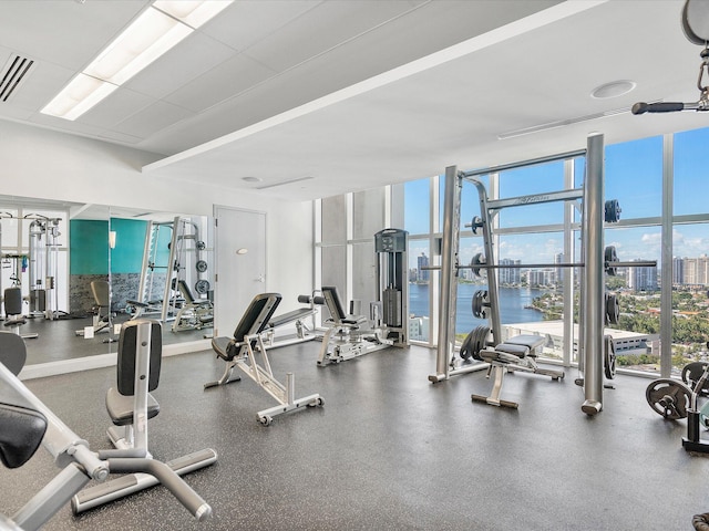 exercise room with floor to ceiling windows and a water view