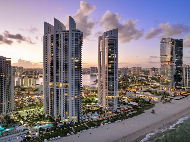 city view featuring a beach view and a water view