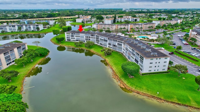 drone / aerial view with a water view