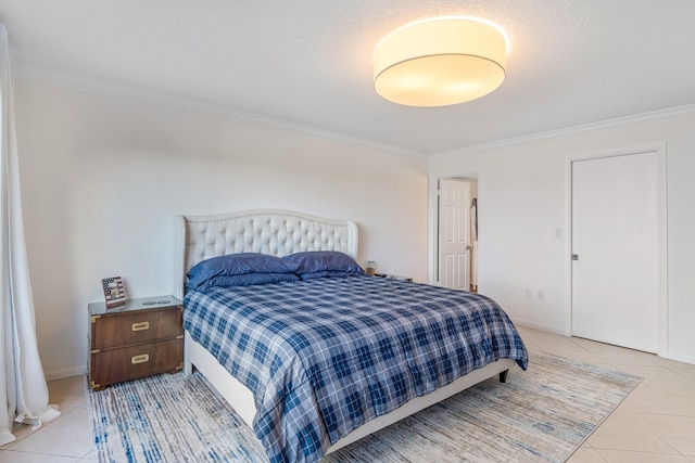 bedroom with light tile floors and ornamental molding