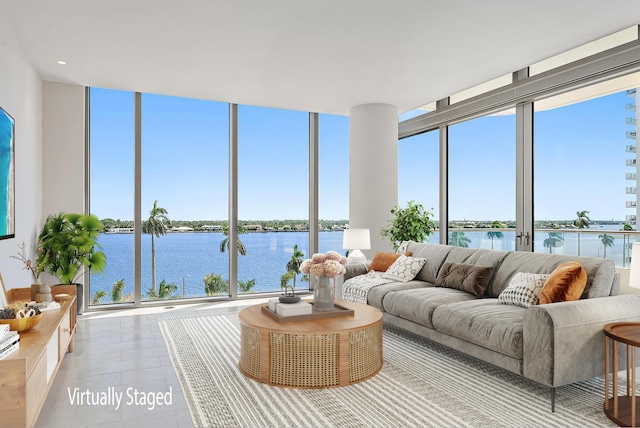 sunroom with a water view