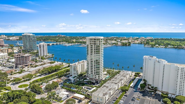 drone / aerial view featuring a water view