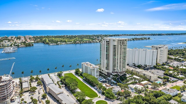 drone / aerial view featuring a water view