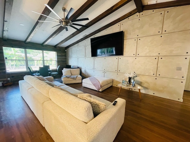 living room featuring vaulted ceiling with beams, ceiling fan, and dark wood-type flooring