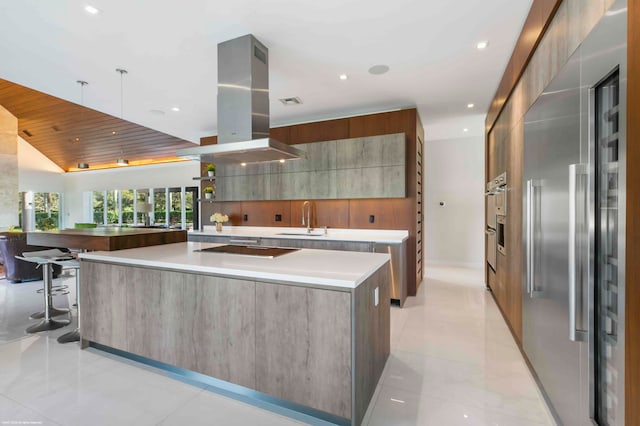 kitchen featuring a kitchen breakfast bar, sink, a spacious island, stainless steel appliances, and island exhaust hood