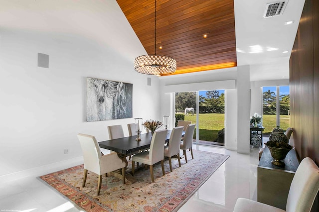 tiled dining area featuring high vaulted ceiling and wooden ceiling