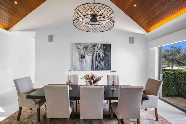 dining area featuring light tile patterned flooring, high vaulted ceiling, and wood ceiling