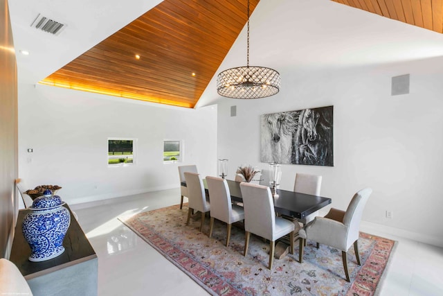 dining room with a tray ceiling, lofted ceiling, wooden ceiling, and light tile patterned floors