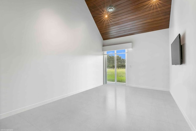 tiled bedroom with high vaulted ceiling, access to exterior, and wooden ceiling