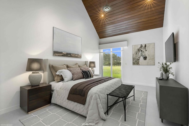 tiled spare room with wooden ceiling and vaulted ceiling