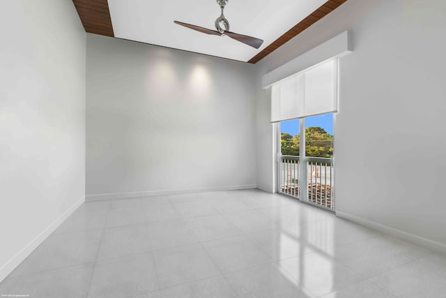 tiled bedroom featuring ceiling fan, wooden ceiling, access to outside, and a towering ceiling