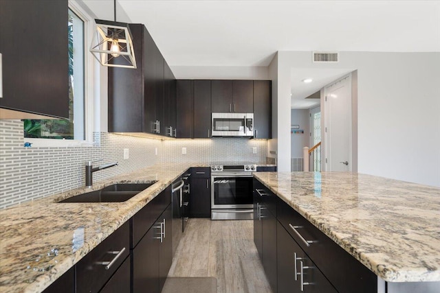 kitchen with sink, hanging light fixtures, backsplash, appliances with stainless steel finishes, and light wood-type flooring