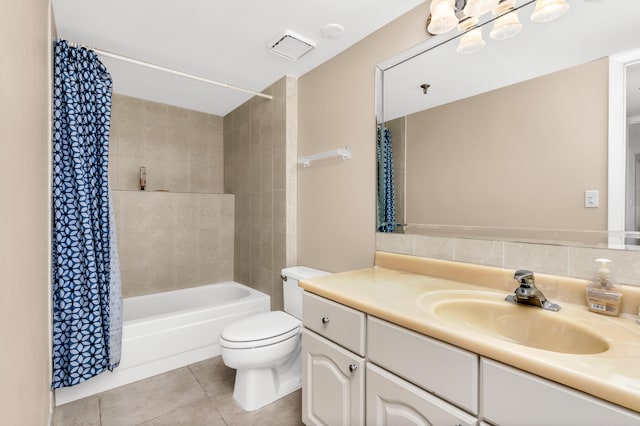 full bathroom featuring tile patterned floors, shower / bathtub combination with curtain, toilet, and vanity