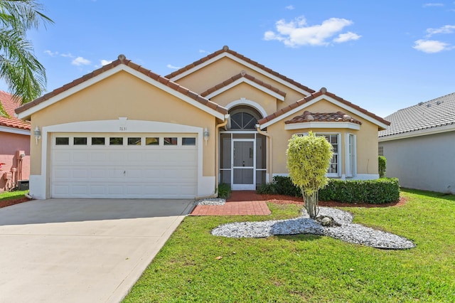 view of front of house featuring driveway, stucco siding, a tile roof, an attached garage, and a front yard