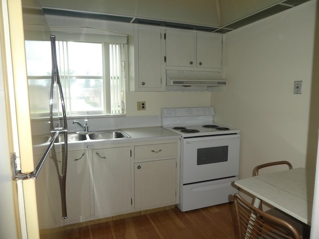 kitchen with custom range hood, dark wood-type flooring, white range with electric stovetop, sink, and white cabinets