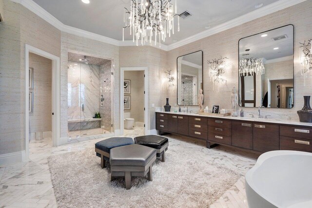 bathroom featuring double vanity, ornamental molding, a chandelier, tile flooring, and separate shower and tub