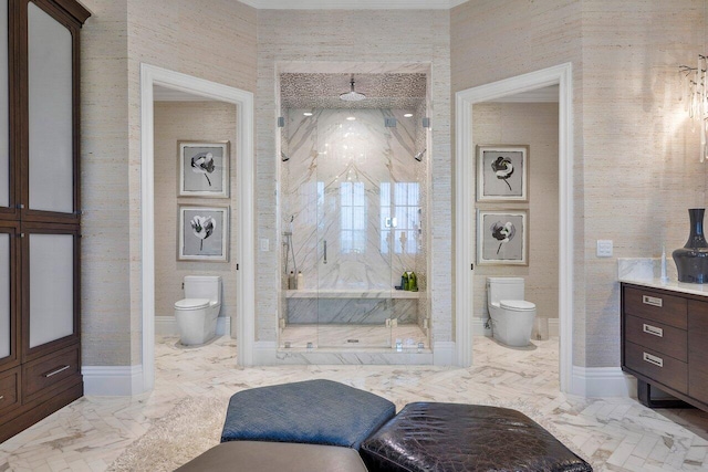 bathroom featuring toilet, vanity, tiled shower, and tile flooring