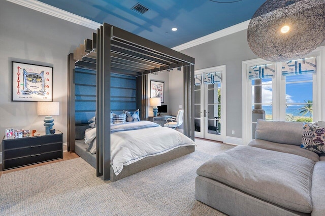 bedroom with french doors, a water view, ornamental molding, and access to outside