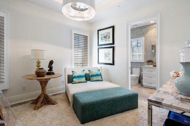 bedroom with a raised ceiling and ensuite bath