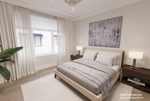 bedroom featuring a notable chandelier and light hardwood / wood-style flooring