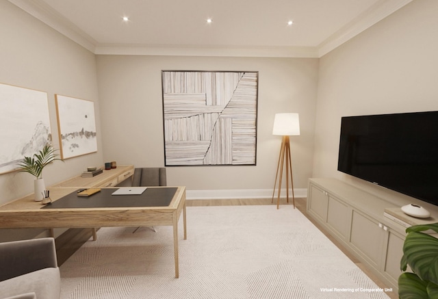 office space with light hardwood / wood-style floors and ornamental molding