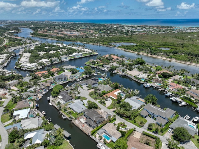 drone / aerial view featuring a water view