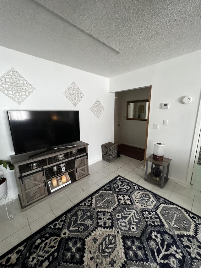 tiled living room with a textured ceiling