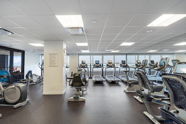 exercise room featuring floor to ceiling windows and a drop ceiling