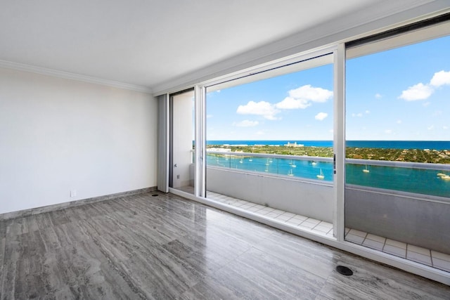 empty room with ornamental molding, light wood-type flooring, a healthy amount of sunlight, and a water view