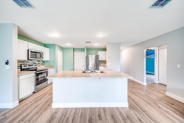 kitchen with white cabinetry, an island with sink, tasteful backsplash, and appliances with stainless steel finishes