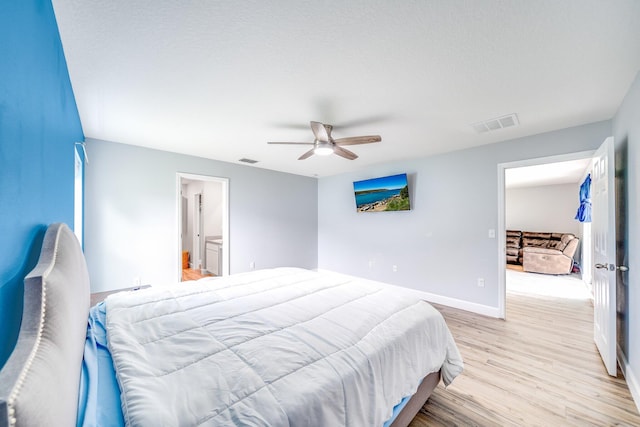 bedroom with light hardwood / wood-style floors and ceiling fan