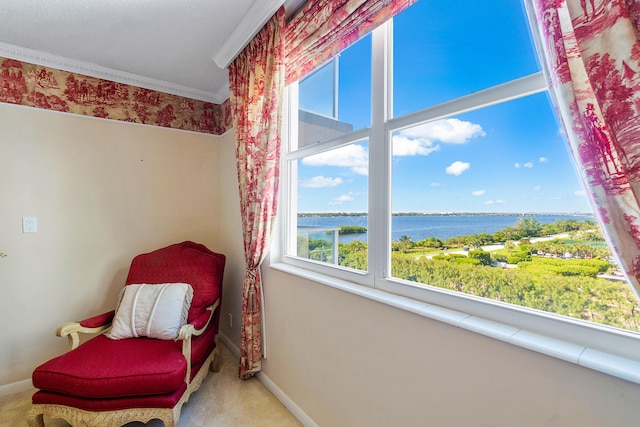 living area featuring light carpet, a water view, and ornamental molding