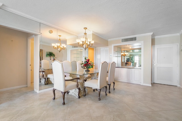 dining space featuring crown molding, light tile floors, a textured ceiling, and a chandelier