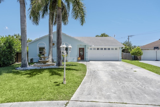 ranch-style home with a garage and a front lawn