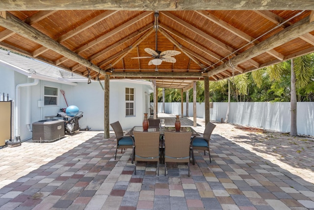 view of patio / terrace featuring a gazebo, central AC, ceiling fan, and area for grilling