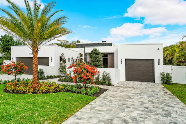 modern home featuring a front lawn