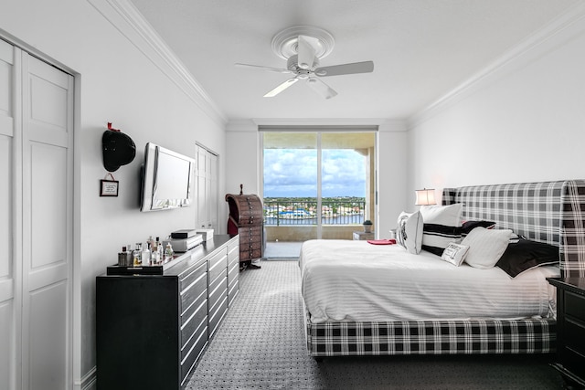 bedroom featuring access to outside, dark carpet, crown molding, and ceiling fan