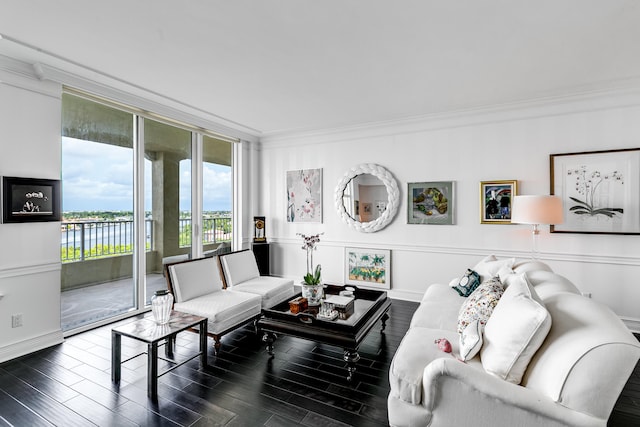 living room with a water view, dark hardwood / wood-style flooring, and ornamental molding