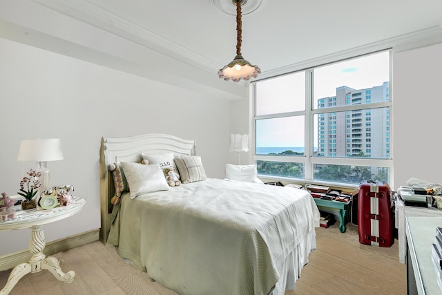 bedroom with crown molding and light hardwood / wood-style floors