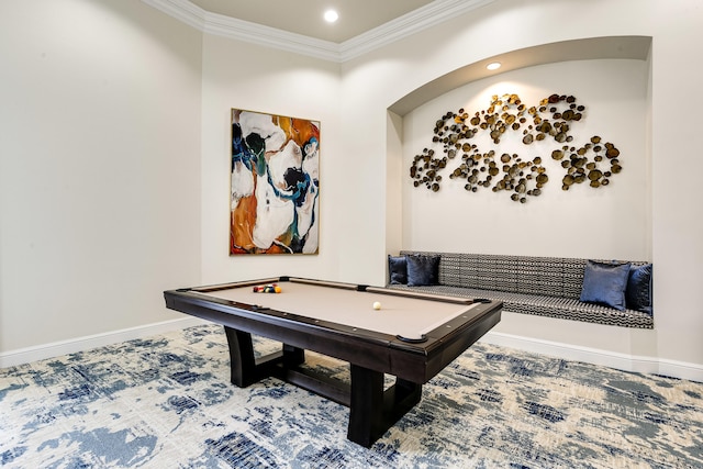 game room with billiards and ornamental molding