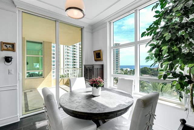 dining room with crown molding and dark hardwood / wood-style flooring