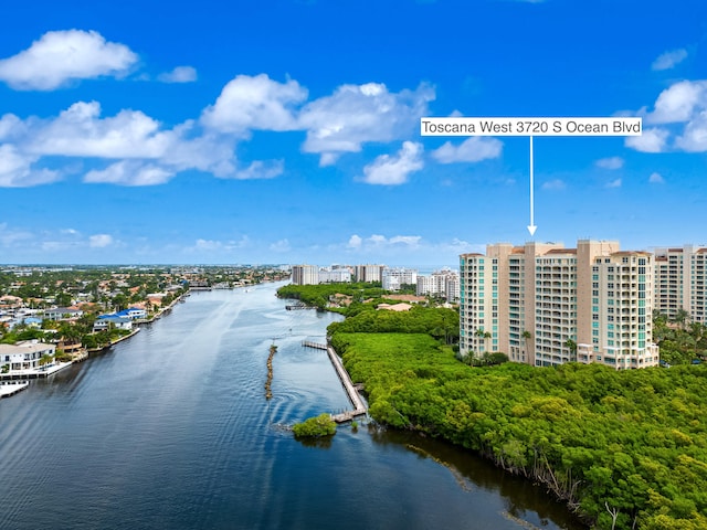 drone / aerial view with a water view