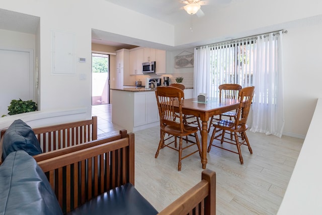 dining area with plenty of natural light, ceiling fan, and light wood-type flooring