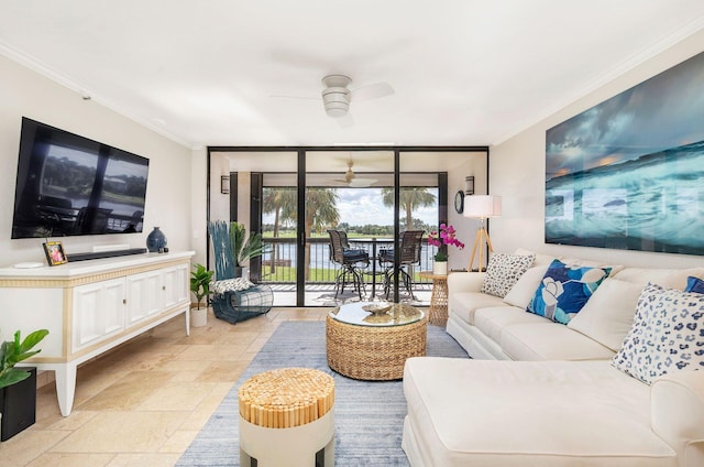 living room featuring floor to ceiling windows, ceiling fan, and crown molding