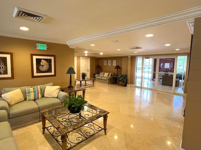 tiled living room featuring ornamental molding